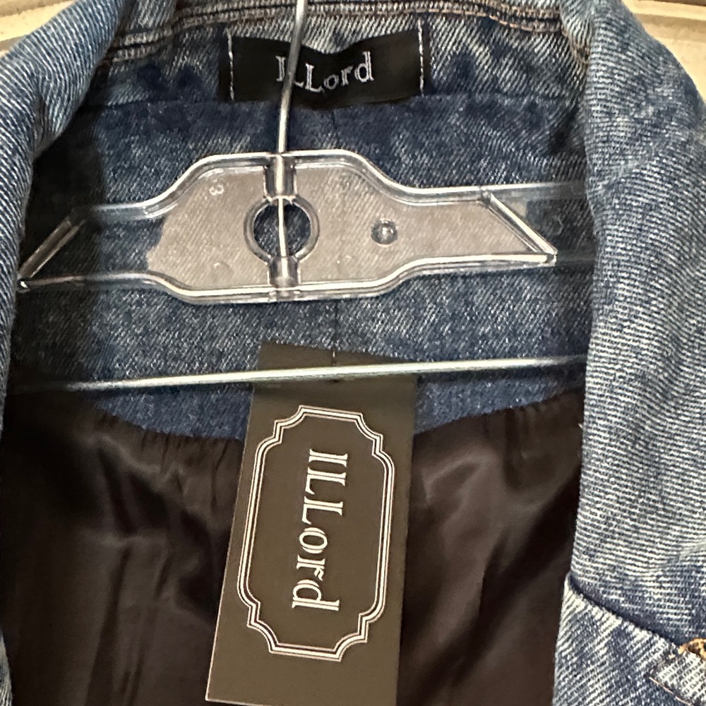 NWT ILLord Boutique Brand Denim and Gray Pinstriped Ruffle-Trim Jean Jacket - Picture 2 of 4